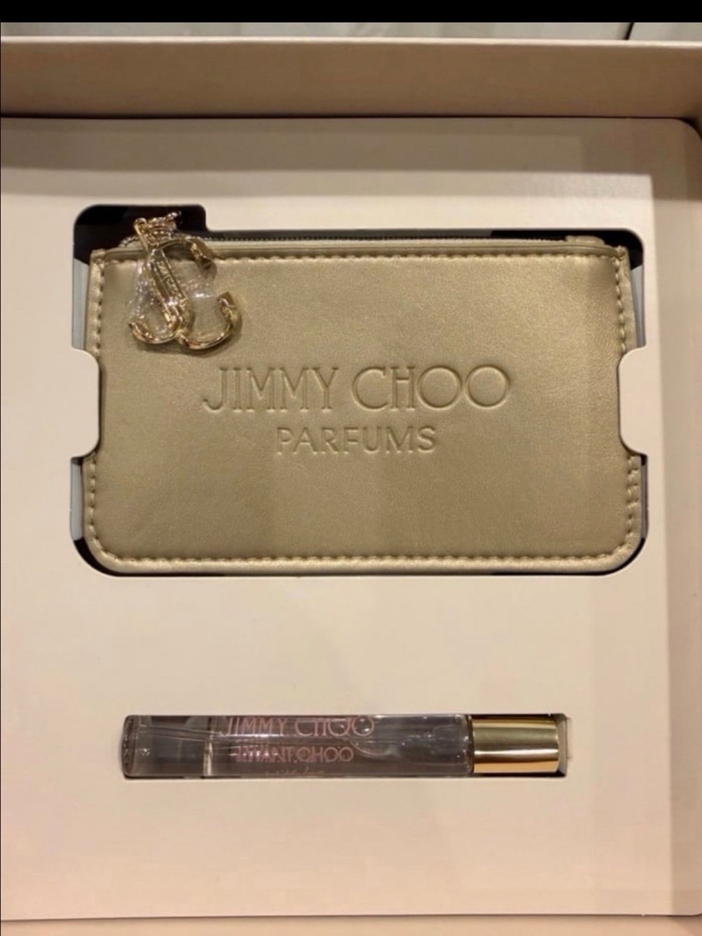 Jimmy Choo “I want Choo” 1.3oz perfume and credit card/Coin Pouch Gold metallic